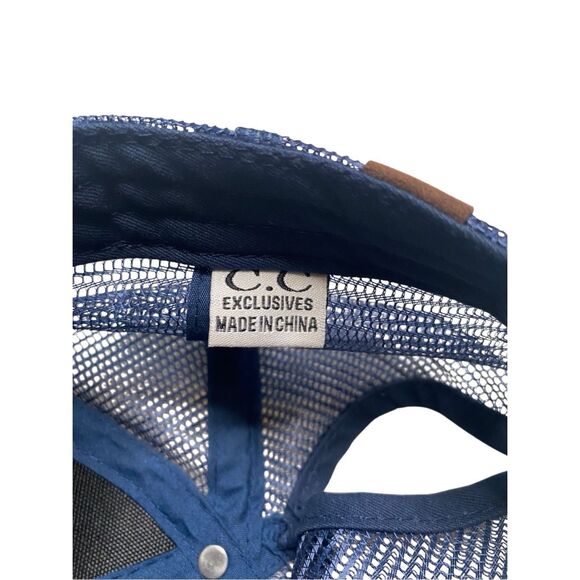 CC Distressed Denim Mesh Back High Ponytail Ball Cap Trucker Hat Adjustable - Picture 9 of 10